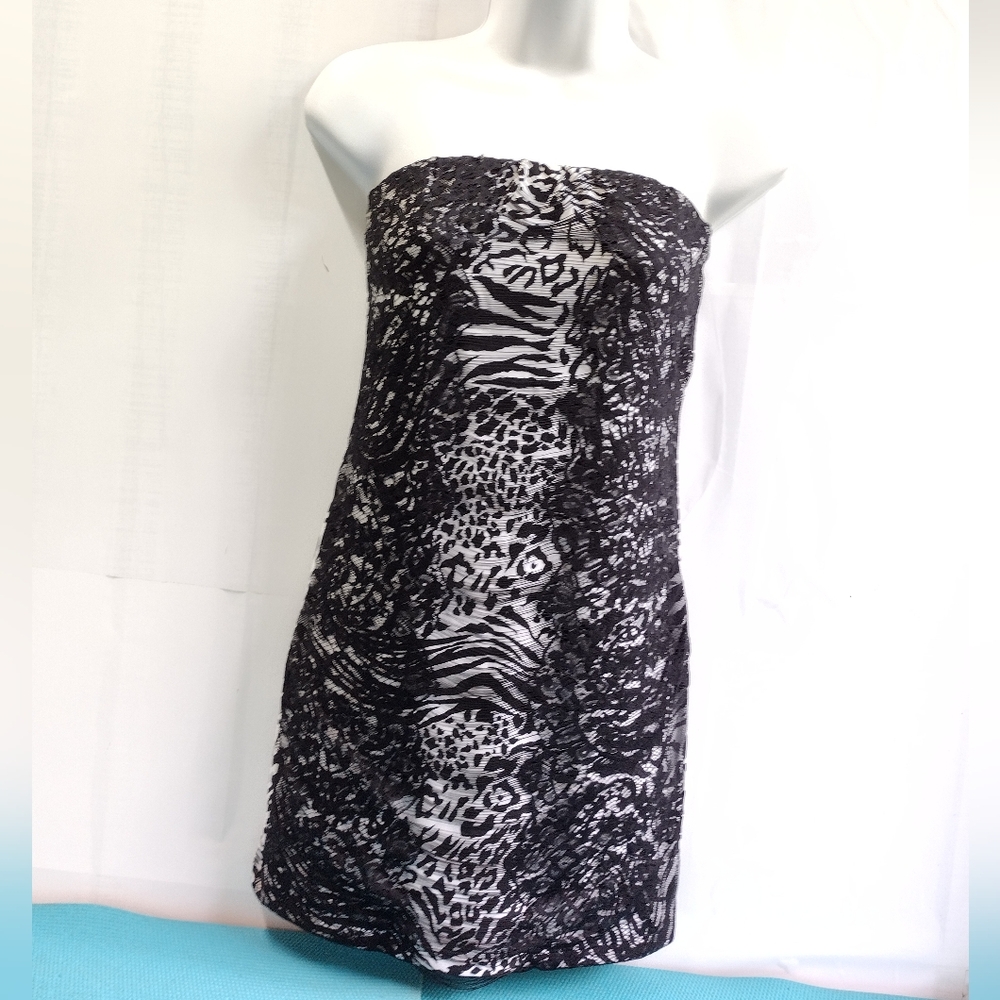 Cefian Women's Animal Print Tube Strapless Mini Dress Bodycon Black White Sz S